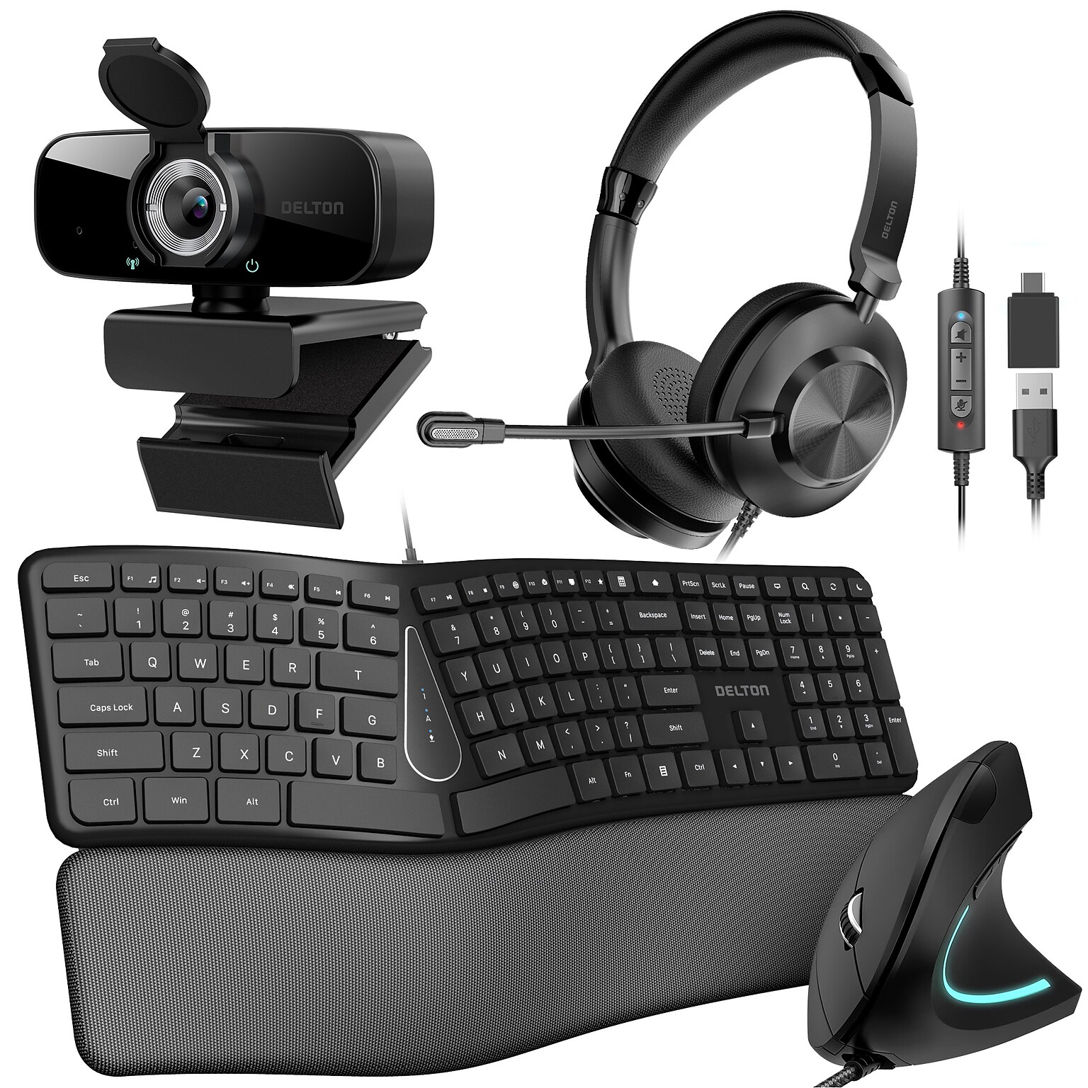 Delton Work Anywhere 32Y USB Headset, 1080p Webcam, Ergonomic USB Keyboard & Mouse Bundle, Black (DBND4WRD10Y)