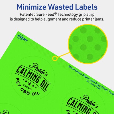 Avery Laser/Inkjet Multipurpose Circle Labels, 2.75" Dia., Neon Green, 120/Pack (94512)