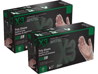 Ammex X3 Poly Gloves, Medium, Clear, 500/Box (PGLOVE-M-500)