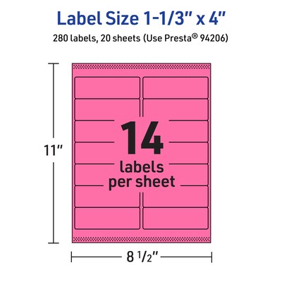 Avery Laser/Inkjet Rectangle Multipurpose Labels, 1-1/3" x 4", Bright Pink, 280/Pack (94206)