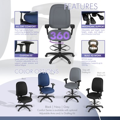 Regency Comfort Series Fabric Drafting Chair with Footrest and Lumbar Support, Grey (125-DK-GY)