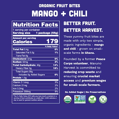 Mavuno Harvest Organic Dried Mango  Chili Fruit Bites, 1.94 oz., 8 Bags/Pack (MAHW-MCH26PK)