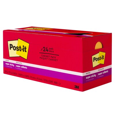 Post-it Super Sticky Notes, 3 x 3, Playful Primaries Collection, 70 Sheet/Pad, 24 Pads/Pack (65424SSANCP)