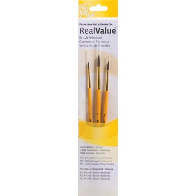 Princeton RealValue Short Handle Mixed Media Natural Camel Round Brush Set, 3/Set, 6 Sets/Bundle (PBXPR9100-6)