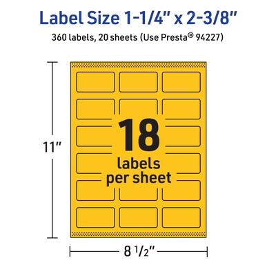 Avery Laser/Inkjet Rectangle Multipurpose Labels, 1-1/4" x 2-3/8", Bright Yellow, 360/Pack (94227)