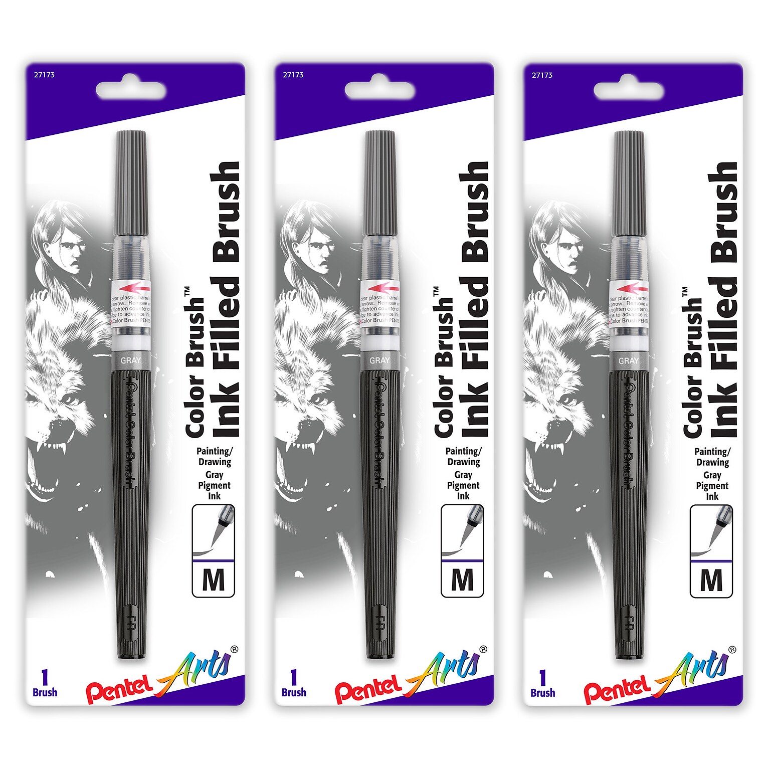 Pentel Arts Color Brush with Water-Based Ink, Gray, 3/Pack (PTAGFLBP137-3)