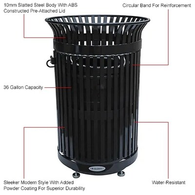 Global Industrial Outdoor Heavy-Duty Slatted Steel Trash Can w/ Door, 36 Gal., Black (641630BK)