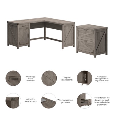 Bush Furniture Knoxville 60"W L Shaped Desk with 2 Drawer Lateral File Cabinet, Restored Gray (CGR004RTG)