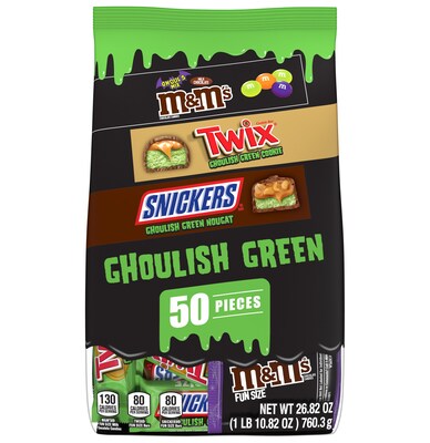 M&Ms, Snickers & Twix Ghoulish Green Halloween Assorted Milk Chocolate Candy, 26.82 oz., 50 Pieces