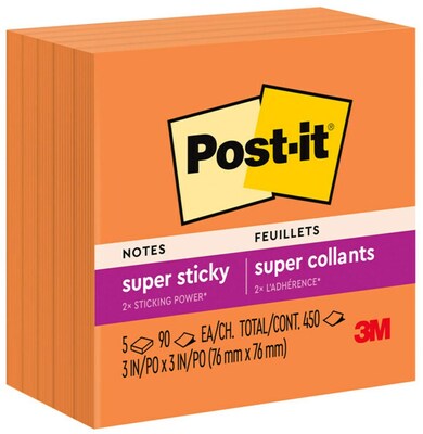 Post-it® Super Sticky Notes, 3 x 3, Neon Orange, 90 Sheets/Pad, 5 Pads/Pack (654-5SSNO)
