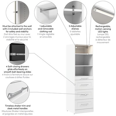 Bestar Florence Closet System, 5 Shelves, 4 Drawers, 25"W x 25"D, White (127603-000017)