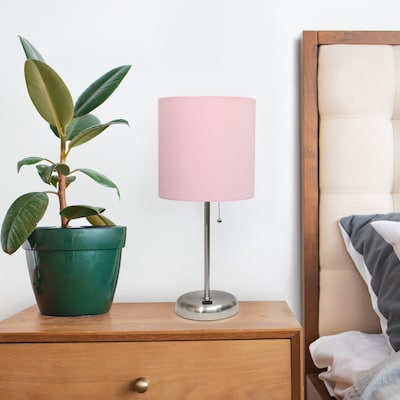 Creekwood Home Oslo 19.5" LED Table Lamp with USB Port, Brushed Steel/Light Pink Shade (CWT-2012-LP)