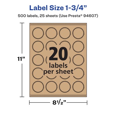 Avery Laser/Inkjet Burst Multipurpose Labels, 1.75" Dia., Kraft Brown, 500 Labels/Pack ( 94607)