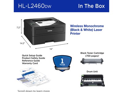 Brother HL-L2460DW Compact Wireless Black & White Laser Printer, Single-Function, Print, Refresh Subscription Ready