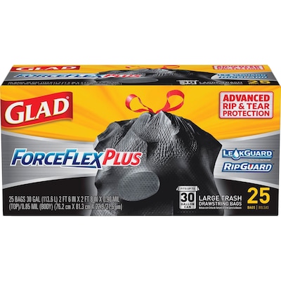 Glad ForceFlexPlus 30 Gallon Large Drawstring Trash Bag, Black, 25/Box (CLO70359)