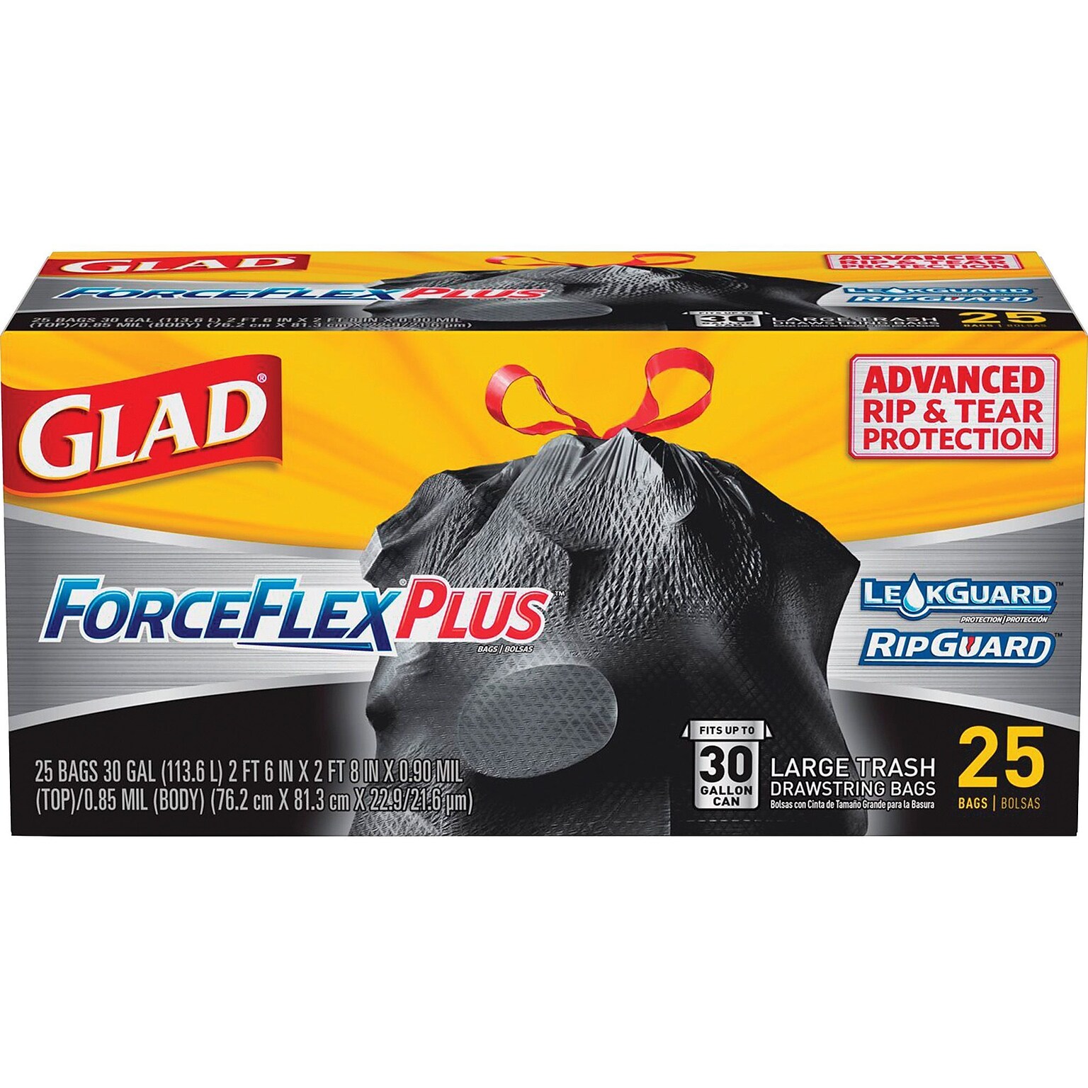 Glad ForceFlexPlus 30 Gallon Large Drawstring Trash Bag, Black, 25/Box (CLO70359)