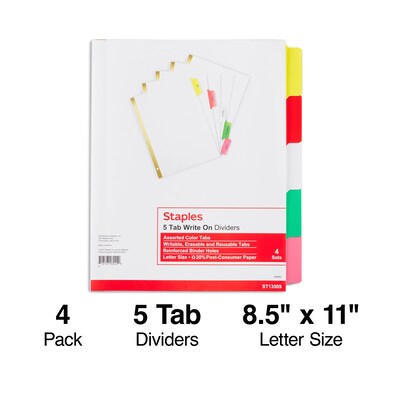 Staples Write-On™ BIG TAB Dividers, 5-Tab Set, Color Tabs, 4/Pack (13509)