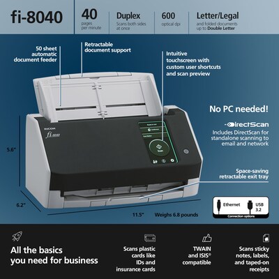 Ricoh fi-8040 Duplex Document Scanner, Black/Gray (PA03836-B005)