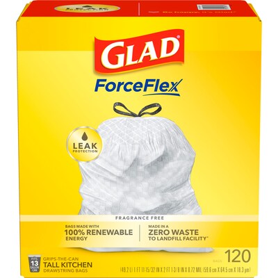 Glad ForceFlex Tall 13 Gallon Kitchen Drawstring Trash Bags, White, 120/Box (78564)