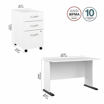 Bush Business Furniture Studio A 48"W Computer Desk with 3 Drawer Mobile File Cabinet, White (STA001WHSU)