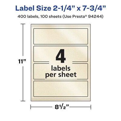 Avery Pearlized Ivory Rectangle Multipurpose Labels, 2.25" x 7.75", Ivory, 400/Box (94244)