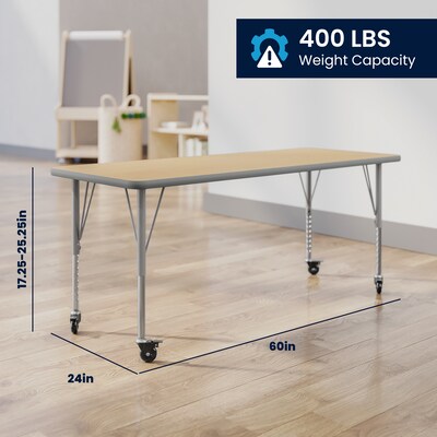 Flash Furniture Wren Rectangular Activity Table, 60" x 24", Height Adjustable, Light Natural Top/Silver Frame (XUA2460RECLNTPC)