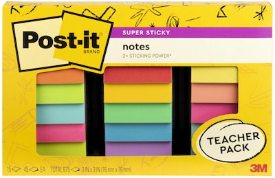 Post-it Super Sticky Notes, 3 x 3, Assorted Collection, 45 Sheets/Pad, 15 Pads/Pack (654-15SSBTS-S