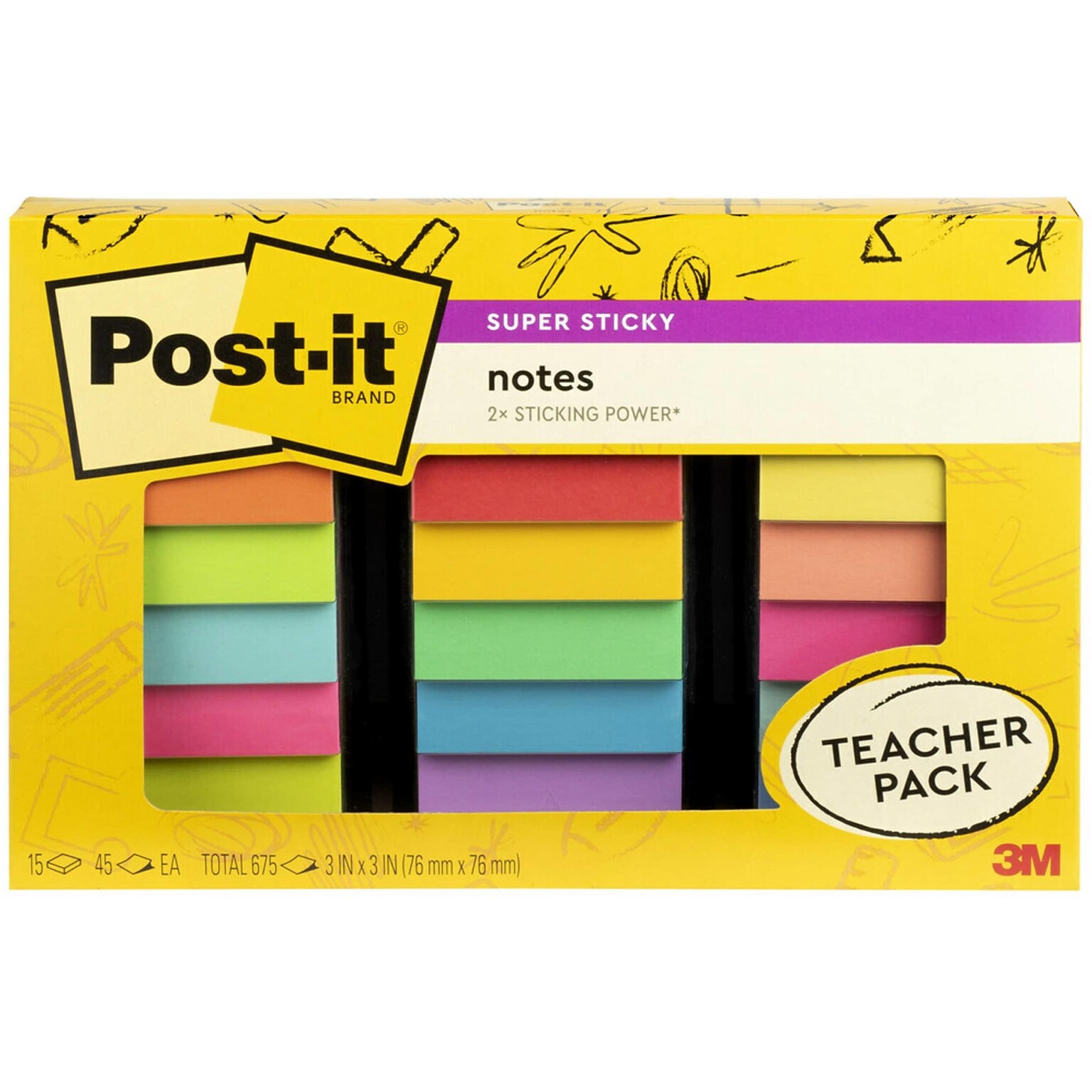Post-it Super Sticky Notes, 3 x 3, Assorted Collection, 45 Sheets/Pad, 15 Pads/Pack (654-15SSBTS-SR)