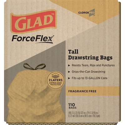 CloroxPro Glad 13 Gallon Drawstring Kitchen Trash Bag, Unscented, Gray, 110 Total Bags (22657)