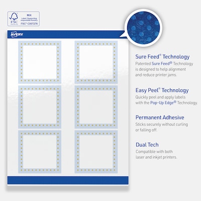 Avery Laser/Inkjet Square Multipurpose Labels, 3" x 3", White, 60/Pack (S00-DMF)