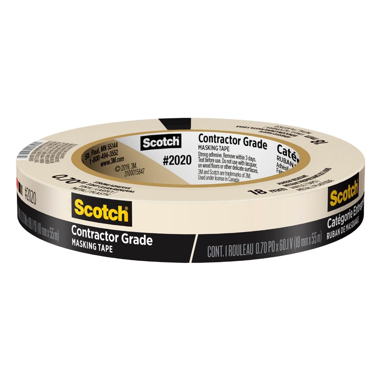 Scotch Contractor Grade Masking Tape, 0.7 x 60 yds., Beige (2020-18A-BK)