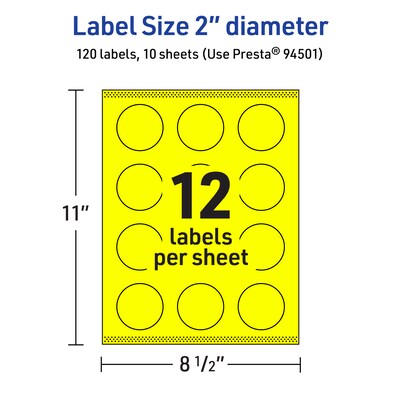 Avery Laser/Inkjet Multipurpose Circle Labels, 2" Dia., Neon Yellow, 120/Pack (94501)