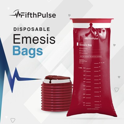 FifthPulse Emesis Bags - Disposable Medical Grade, Leak Resistant, Portable (1000ml), Burgundy, 10 P