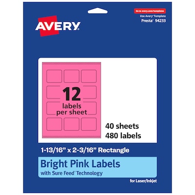Avery Rectangle Laser/Inkjet Multipurpose Labels, 1-13/16 x 2-3/16, Bright Pink (480/Box)