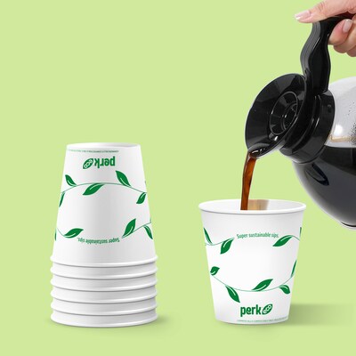Perk™ Eco Compostable Paper Hot Cup, 10 Oz., White/Green, 500/Carton (PK56223CT)