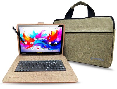 Linsay F10 Series 10.1 Tablet, Wi-Fi, Octa Core, 256GB eMMC, Android 15, with Brown Unique Oracle Keyboard Case & Briefcase