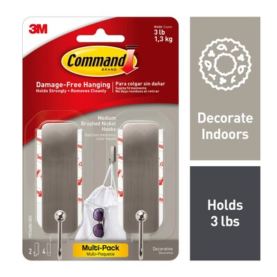 Command Medium Brushed Nickel Hooks, 2 Hooks/Pack (17034BN-2ES)