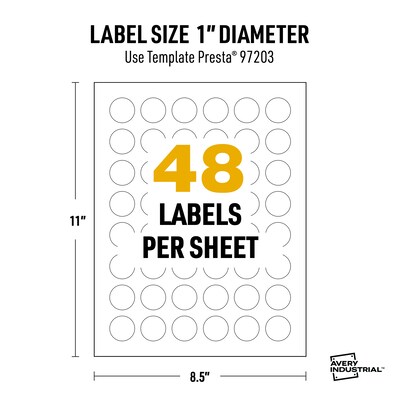 Avery Inkjet Round UltraDuty GHS Labels, 1" Dia., White, 2400 Labels/Box (97203)