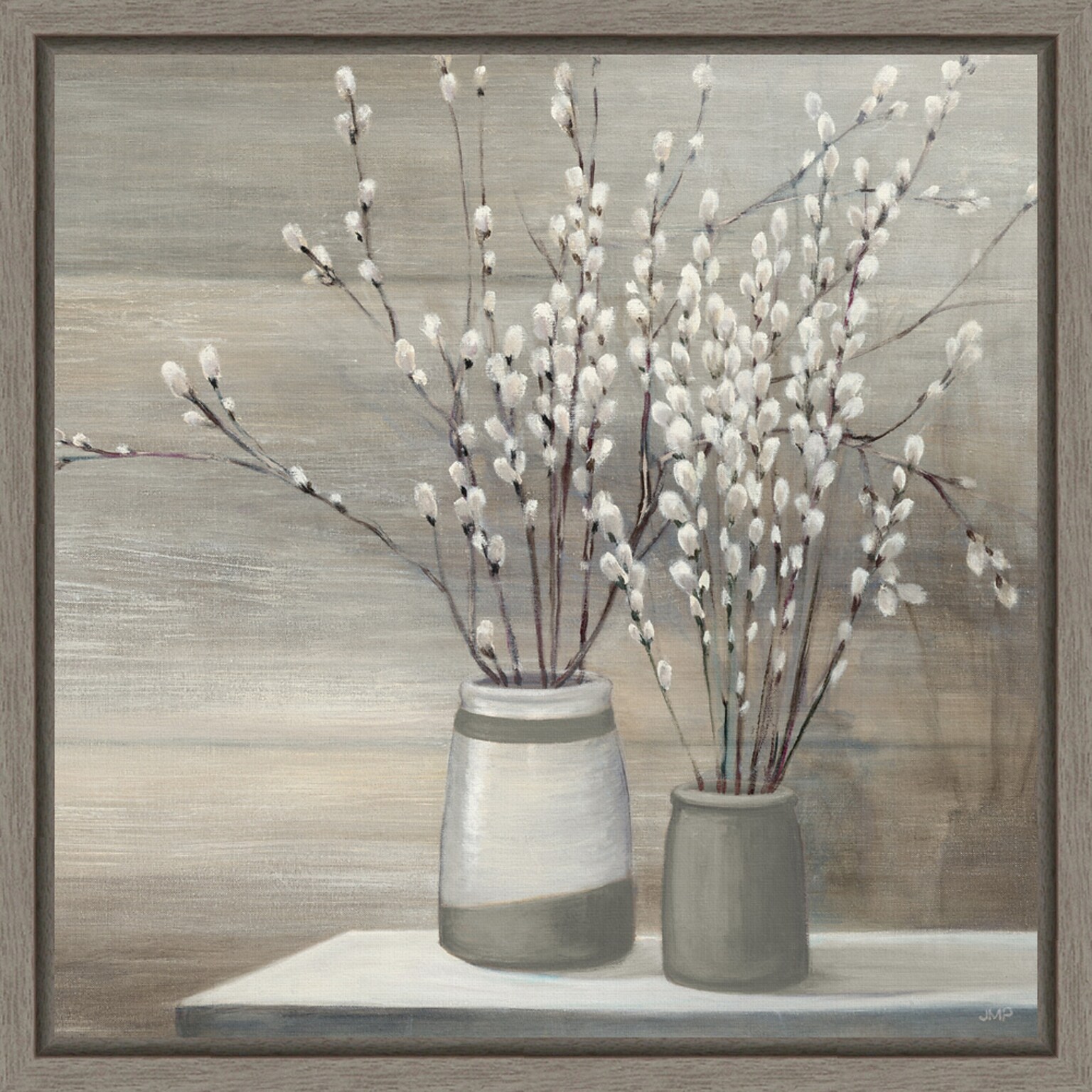 Amanti Art Pussy Willow Still Life Gray Pots Crop by Julia Purinton Framed Canvas Wall Art Print, 16 x 16 (A42674079000)