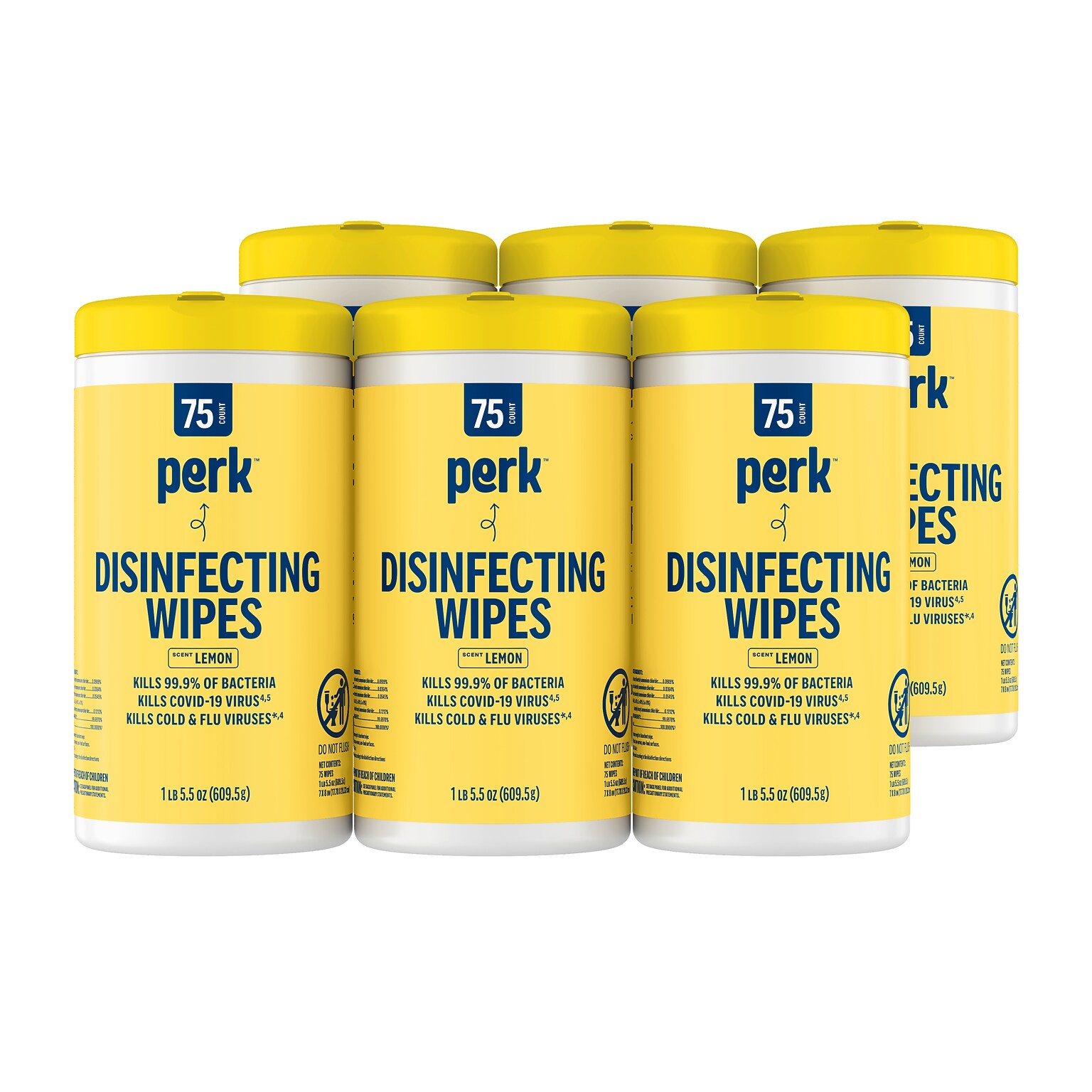 Perk™ Disinfecting Wipes, Lemon Scent, 75 Wipes/Pack, 6/Carton (PK56665CT)