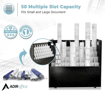 AdirOffice 50-Slot Mobile Roll File, Lockable, 28.5"H x 30"W x 15.75"D, Black (626-BLK-KIT1)