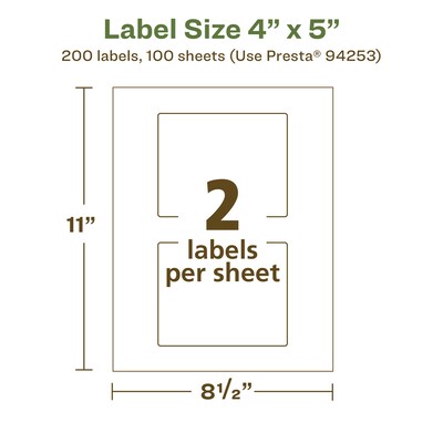Avery EcoFriendly Laser/Inkjet Rectangle Multipurpose Labels, 4" x 5", White, 200/Box (94253)