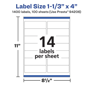 Avery Laser/Inkjet Multipurpose Rectangle Labels, 1.33" x 4", White, 1400 Labels/Box (94206)