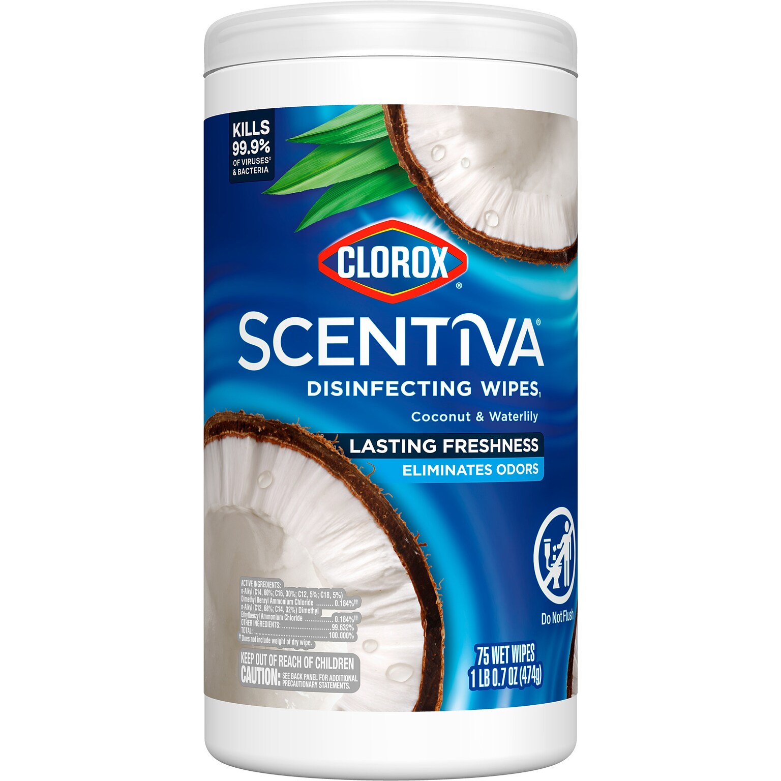 Clorox Scentiva Disinfecting Wipes, Coconut and Waterlily Scent, 75 Wipes/Container (60037)