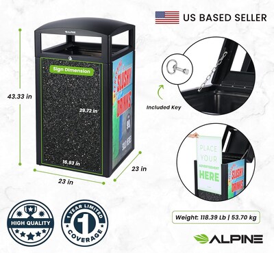 Alpine Industries Steel Outdoor Trash Can with Covered Top Lid, 40-Gallon, Gray Stone (ALP471-40-GRYS-SGN)