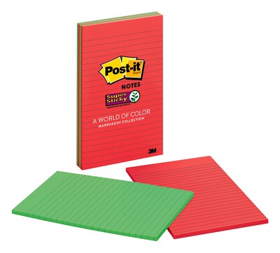 Post-it® Super Sticky Notes, 5 x 8, Playful Primaries Collection, Lined, 45 Sheets/Pad, 4 Pads/Pack (5845-SSAN)
