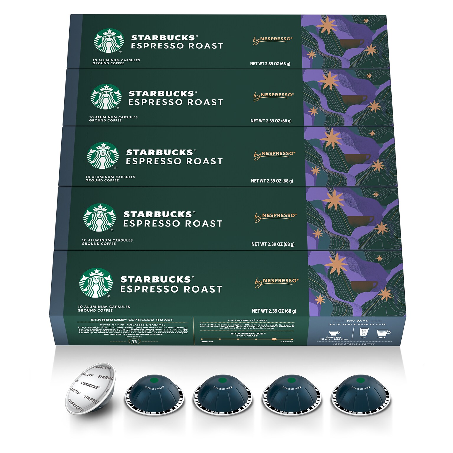 Nespresso Starbucks Espresso Roast Coffee Nespresso Vertuo Capsules, Dark Roast, 50/Pack (163923)