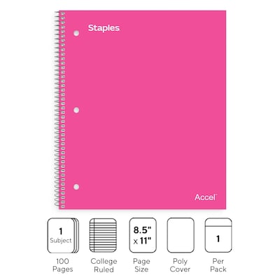 Staples Premium 1-Subject Notebook, 8.5" x 11", College Ruled, 100 Sheets, Pink (ST51448D)
