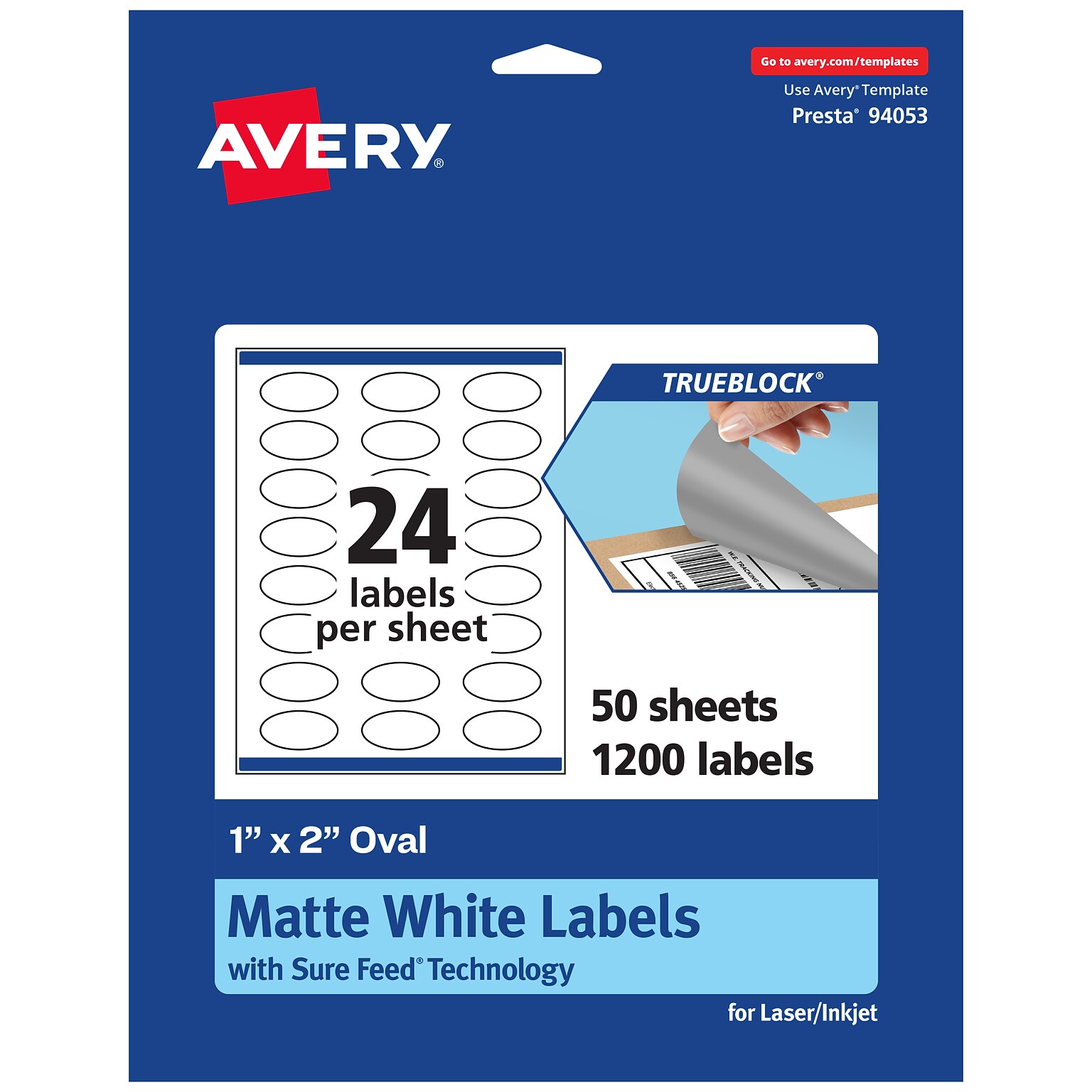 Avery TrueBlock Laser/Inkjet Oval Multipurpose Labels, 1 x 2, White, 1200/Box (94053)