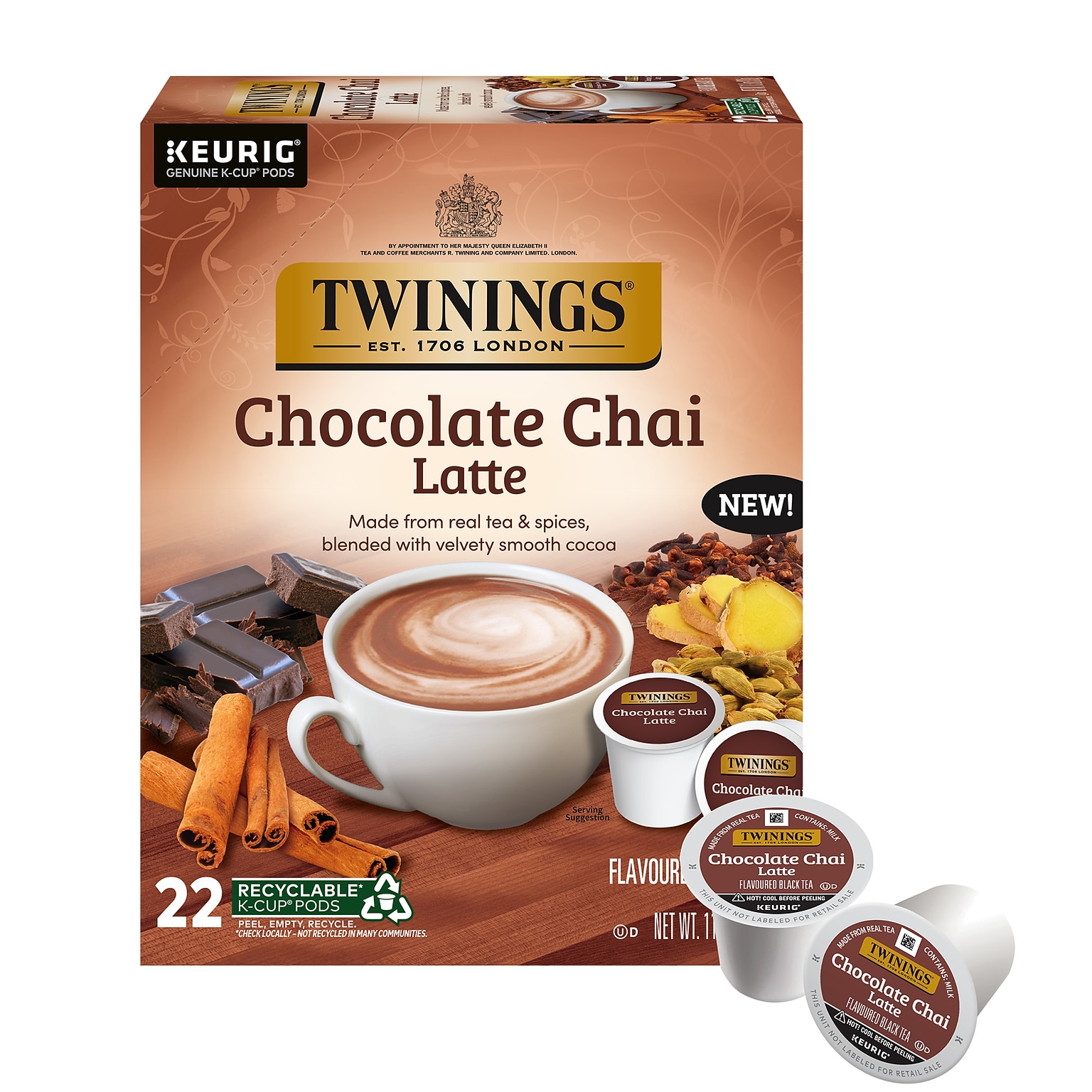 Twinings Chocolate Chai Latte Black Tea, Keurig® K-Cup® Pods, 22/Box (F18309)